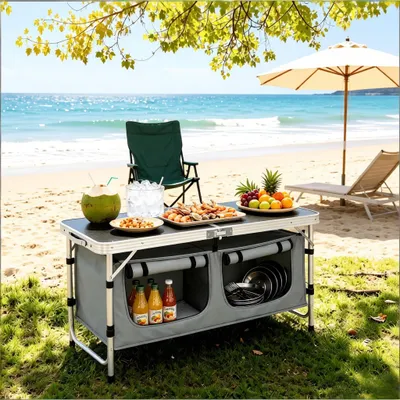 Produktbild von Klappbarer Gartentisch, Campingtisch mit hängender Aufbewahrungstasche, Picknicktisch mit verstellbaren Beinen, leicht und tragbar für Outdoor, Garten & Camping