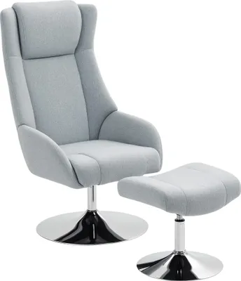 A light gray fabric armchair with a matching ottoman, both on chrome bases, is shown against a white background.