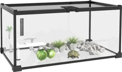 Produktbild von PawHut Reptilienbox, Reptilienzuchtbox, transparentes Terrarium, Schiebedeckel, Drahtgitter, Wasserspender, Thermometer, Glas und Metall, 50 x 30 x 25 cm, Weiß