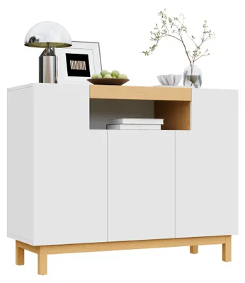 Produktbild von Modernes Sideboard mit 3 Türen und offenem Regal, multifunktionaler Wohnzimmerschrank und Esszimmer-Buffet aus Holz im minimalistischen Design in Weiß