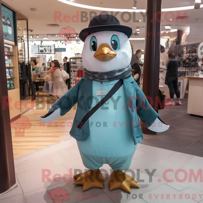 Produktbild von Maskottchen REDBROKOLY eines blaugrünen Pinguins mit Anzughose und Messengerbag