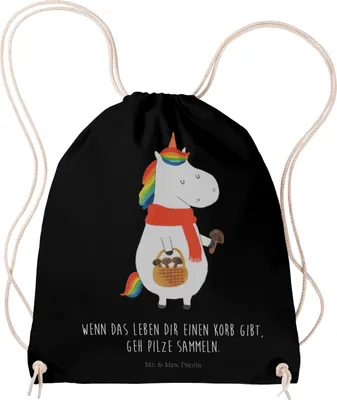 Produktbild von Mr. & Mrs. Panda Beutel Einhorn Pilz - Schwarz - Geschenk, Motivation, Gymbag, Einhörner, rucksack stoff, wander, Jutebeutel, Liebeskummer, Pilze, Unicorn, Spruch