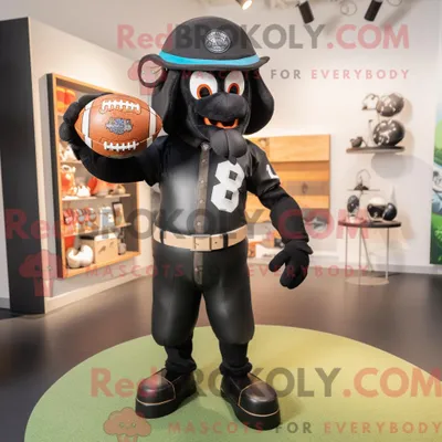 Produktbild von Schwarzer REDBROKOLY American Football Helm Maskottchen Kostüm Charakter bekleidet mit einer Weste und Ringen