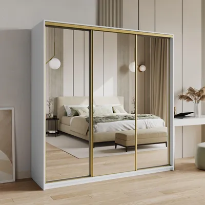 Produktbild von Masseno Schiebetürenschrank RIEN 180/205/60 cm Kleiderschrank mit 4 Schubladen Schlafzimmer Schrank 3-türig mit Spiegel Weiß