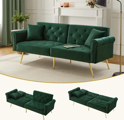 A green velvet sofa bed in a living room setting, with additional images showing its different configurations.