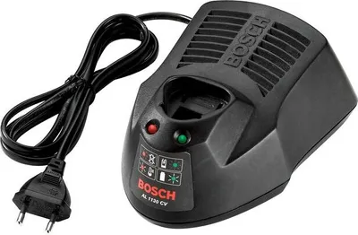 A black Bosch battery charger with a power cord and plug.