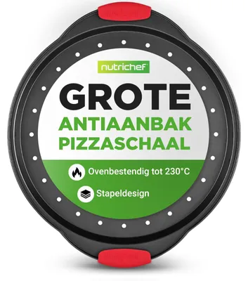 Produktbild von Pizzablech Pizzapfanne Pizzaplatte - Mit Perforation - Antihaftbeschichtung - Kohlenstoffstahl - 37,6 cm - Silikongriffe