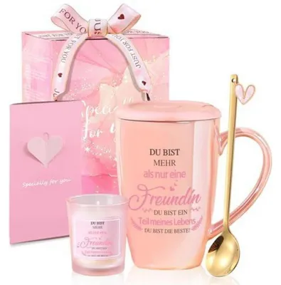 Productafbeelding van Koffiekop van keramiek, roze, met lepel, 460 ml. Cadeau voor een vriendin