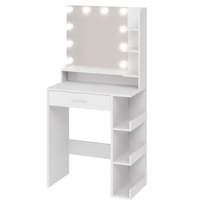Image de MONDEER Coiffeuse table de maquillage (blanc, 67 x 36 x 138 cm), avec miroir et 10 boules lumineuses LED,1 tiroir et 7 compartiments ouverts