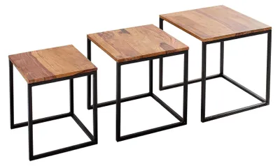 Produktbild von Beistelltisch 3er Set aus Sheeshamholz und Metall schwarz