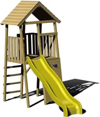 A wooden play tower with a yellow slide and a blue climbing hold, shown against a white background.