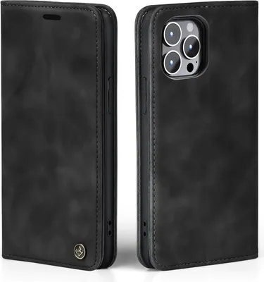 Produktbild von Tec-Expert Handyhülle für Apple iPhone 13 Pro, Schwarz, Bookcase Klapphülle aus leicht angerautem Kunstleder mit Karten- & Geldfächern, 360° Schutz, Standfunktion und verstärkter Kunststoffschale.