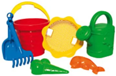 Immagine prodotto di Set di giocattoli di sabbia pala rastrello secchio stampo setaccio annaffiatoio set di secchi per bambini 7 pezzi.