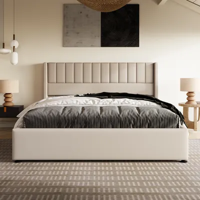 Obrázek produktu pro Čalouněná postel Sweiko 180x200 cm, hydraulická manželská postel, postel z masivu s čelem a lamelovým roštem, úložný prostor, ložní prádlo, béžová barva