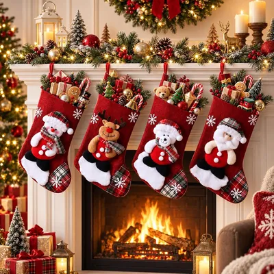 Produktbild von 4er Set Nikolausstrumpf und Nikolausstiefel, 23 cm, 4 Motive mit Schlaufe fš¹r Zuhause, Party und Weihnachtsdeko