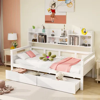 Obrázek produktu pro MODFU Rozkládací postel Denní postel 90x200 cm se šuplíky a policemi, Dřevěná postel Daybed Dětská postel Rám postele pro mládež s roštem, Bílá (Bez matrace)
