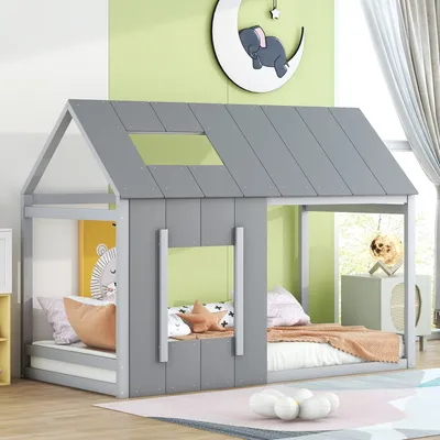 Produktbild von MODFU Kinderbett 90x200cm mit Lattenrost, Hausbett Jugendbett mit mit Dach und Fenster, Kiefernholzbett, Grau(Ohne Matratze)