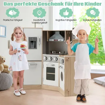 Image de Cuisine d'angle Cuisine d'angle ludique avec son et lumière Cuisine pour enfants en bois avec accessoires de jeu Blanc + Naturel