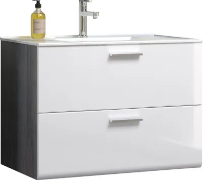 Produktbild von trendteam Bad Waschbeckenunterschrank Riva Rauchsilber Melamin/Weiß Hochglanz Tiefzieh 82 x 59 x 47 cm