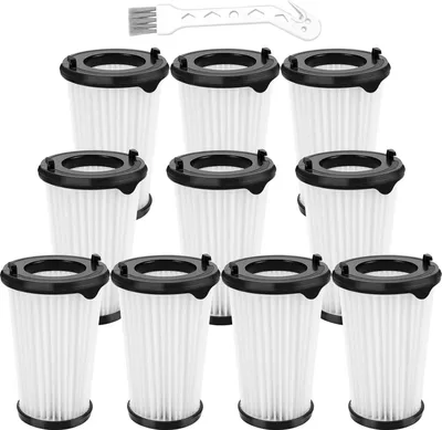 A collection of vacuum cleaner filters arranged in rows on a white background.
