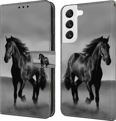 Produktbild von CLM-Tech Handyhülle kompatibel mit Samsung Galaxy S24 Hülle - Tasche aus Kunstleder - Klapphülle mit Ständer und Kartenfächern - Schutzhülle Wallet Case Cover Pferd in schwarz grau