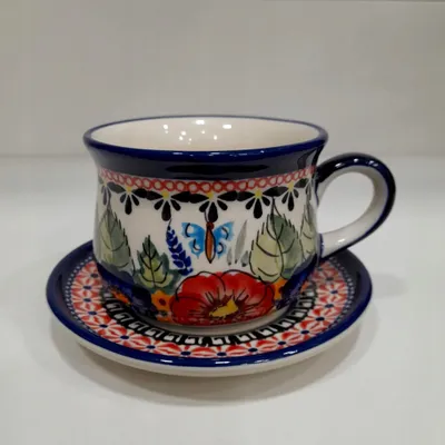 Produktbild von Bolesławiec Tasse mit Untertasse Dekor 149 Mehrfarbig Keramik