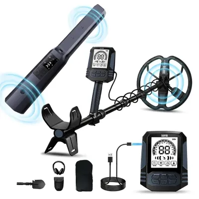 Zdjęcie produktu dla Detektor metali - MD15 - Do poszukiwania skarbów - Cewka poszukiwawcza o średnicy 28 cm - Wodoodporność IP68 - Wyświetlacz LCD z podświetleniem - Ładowalny - Srebrny