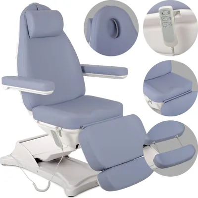 A light blue cosmetic chair with a white base, shown from a diagonal front view. Multiple close-up insets highlight specific features of the chair.