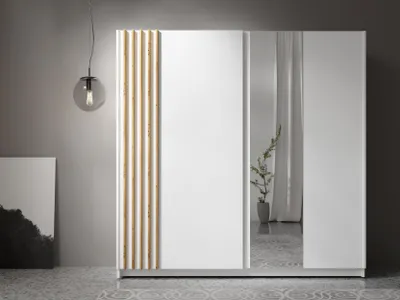 Produktbild von AX LIVING Kleiderschrank weiß mit Spiegel 200 cm – Beralto mit Lamellen