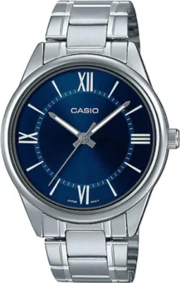 A close-up studio shot of a Casio watch with a blue dial and silver metal band.