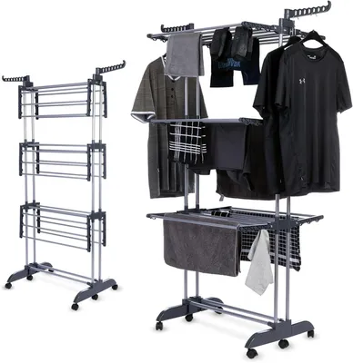 Obrázek produktu pro Waskrek – Sušák na prádlo – Skládací sušák na kolečkách – 45 x 75 x 173 cm – Černý