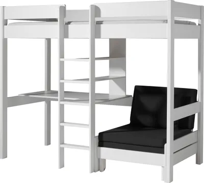 Produktbild von Vipack Hochbett Pino mit Schreibplatte und Sesselbett - Kiefer massiv weiß lackiert, Maße: 208 cm x 175 cm x 206 cm; PIOLZB14