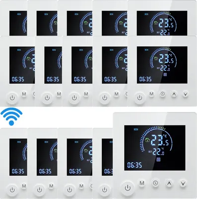 A collage of multiple smart thermostats displayed on a white background.