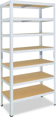 A white metal shelving unit with wooden shelves against a white background.