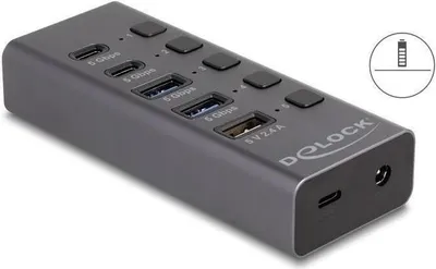 Produktbild von Delock USB 5 Gbps Hub mit 2 x USB Typ-A und 2 x USB-C Buchse und 1 x Schnellladeport + Schalter