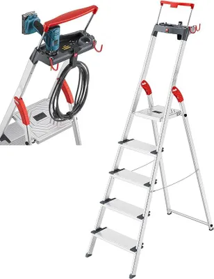 Productafbeelding van L84 ComfortLine aluminium veiligheidsladder - 5 XXL treden, belastbaar tot 150 kg - Diep voetplatform en handgreep - Vrijstaande ladder met opbergruimte - Aluminium ladder, gemaakt in Duitsland - Roestvrij - Zilver