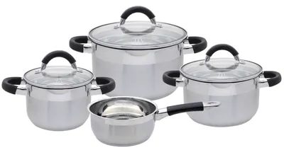 A set of four stainless steel pots with glass lids and black handles, arranged on a white background.