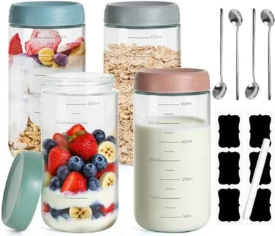 Produktbild von PromoHome® Übernacht-Haferflocken-Gläser-Set 4x 750 ml – Meal-Prep-Gläser mit Schraubdeckel und Messmarkierungen