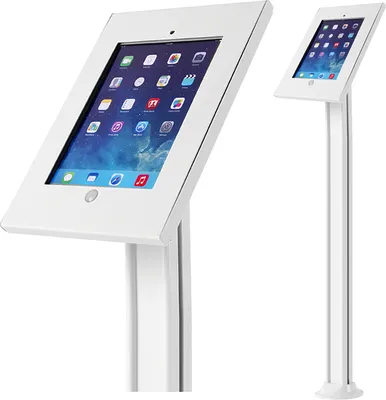 Two white tablet stands are shown against a white background. One stand is in the foreground and is larger, while the other is smaller and in the background.