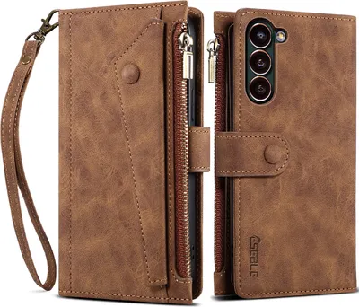 Produktbild von Schutzhülle für Samsung Galaxy S23+ Reißverschluss Hülle, Leder Klapphülle Kartenfach Standfunktion Brieftasche mit Trageband Braun