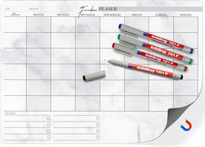 Produktbild von Familienplaner abwischbar DIN A3 magnetisch - Wochenplaner bis 6 Personen oder Monatsplaner - Inkl. 4 Markenstifte - Organisieren und planen leicht gemacht!