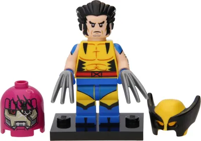 A LEGO minifigure of Wolverine with two alternate head pieces.