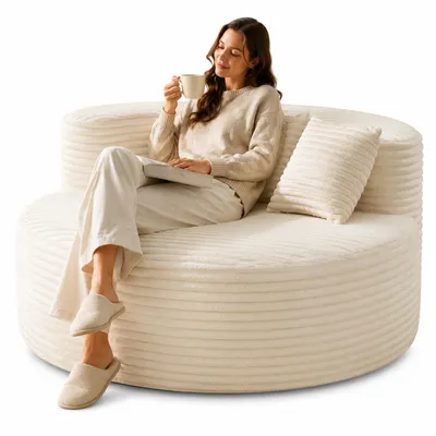 Obrázok produktu pre Pohovka typu "Sitzsack" 110 cm, s prémiovou výplňou z mikrovlákna, vrátane 2 vankúšov. Jedno sedadlo, rozkladacia pohovka, relaxačné kreslo, potiahnuté okrúhlou tkaninou, bez potreby montáže. Moderná jednoosobná pohovka, farba: béžová/šedá, productTiles.product.images.aiGenerated