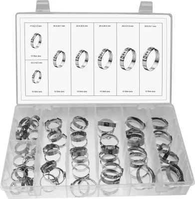 Produktbild von 70 x Edelstahl 1 Ohr Schlauchschellen / Schlauchklemmen Sortimente 15.3 - 33.1 mm