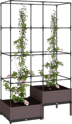 Produktbild von Hochbeet mit Rankgitter 100x50x174 cm Kunststoff 2 Boxen Pflanzkasten schwarz