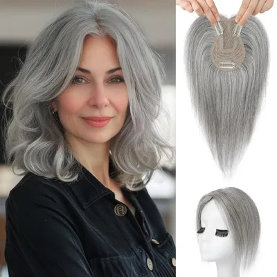 Immagine prodotto di Parrucca a clip per capelli naturali da donna, 26 cm, grigio chiaro, 100% capelli naturali, con frangia