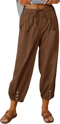 Produktbild von ASKSA Damen 7/8 Länge Hose Weitem Bein Freizeithose Leicht Sommerhose Casual Leinenhose, Braun, L