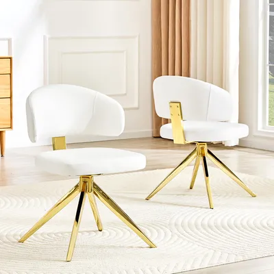 Image de Ensemble de deux chaises de salle à manger modernes, avec dossier incurvé, assises rembourrées en similicuir PU, structure métallique stable à 4 pieds, pivotantes, pour salon, cuisine ou bureau, couleur blanche