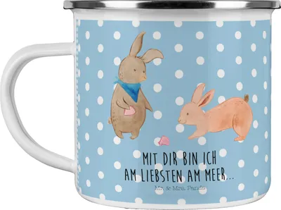 Produktbild von Mr. & Mrs. Panda Emaille Becher Hasen Muschel - Blau Pastell - Geschenk, Meer, Haferl, Muscheln, Muttertag, Strand, Pott, Freundin, Teetasse, Best Friends, Kaffeepott