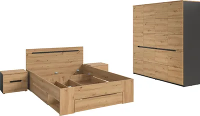 Produktbild von Homes & Jones Schlafzimmer-Set Sova – Bett mit Stauraum 140x200 cm, 2 Nachttische & 4-türiger Kleiderschrank